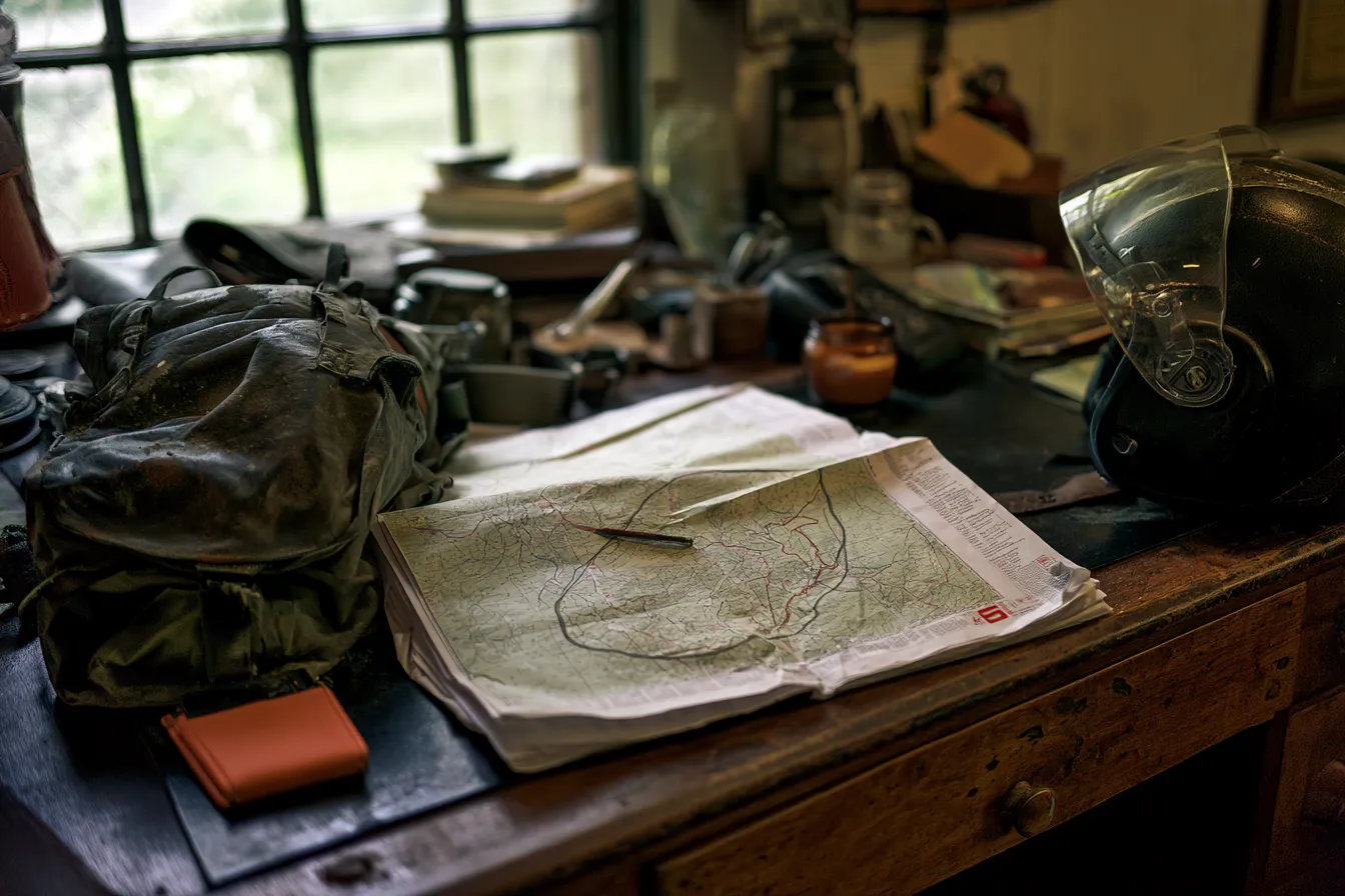 A rider's route drawn on a folded paper map with a marker pen, beside a weathered pannier bag and a full-face helmet on a wooden desk by a window.