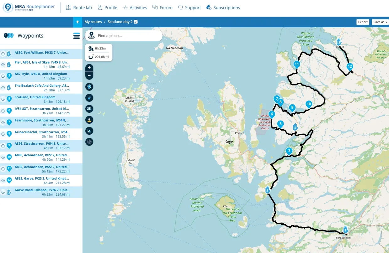 A MyRouteApp route named Scotland day 2, 224.68 miles, with 13 numbered points and one continuous black line from Fort William to Ullapool.